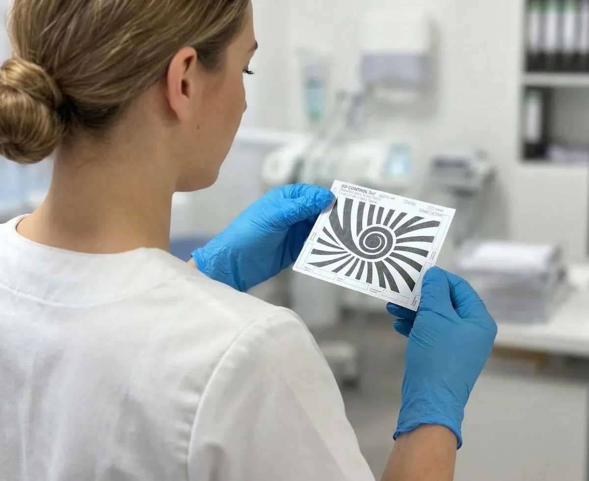 Eine Arzthelferin hält einen umgeschlagenen Bowie Dick Test Indikator der Triple S GmbH in den Händen und prüft ihn.