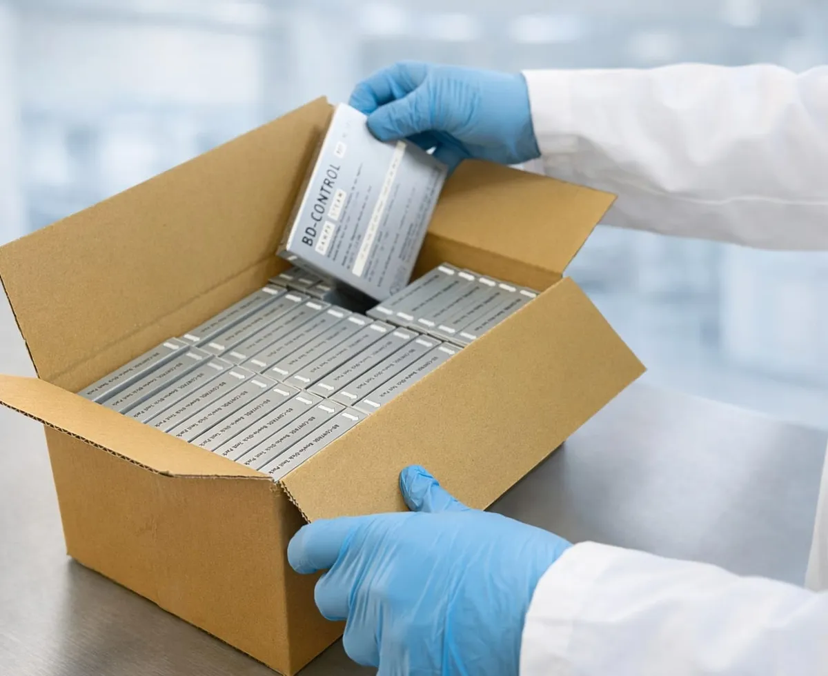 Nahaufnahme eines Kartons mit 30 BD-Control Bowie Dick Tests, von denen einer von einer Hand hervorgehoben wird