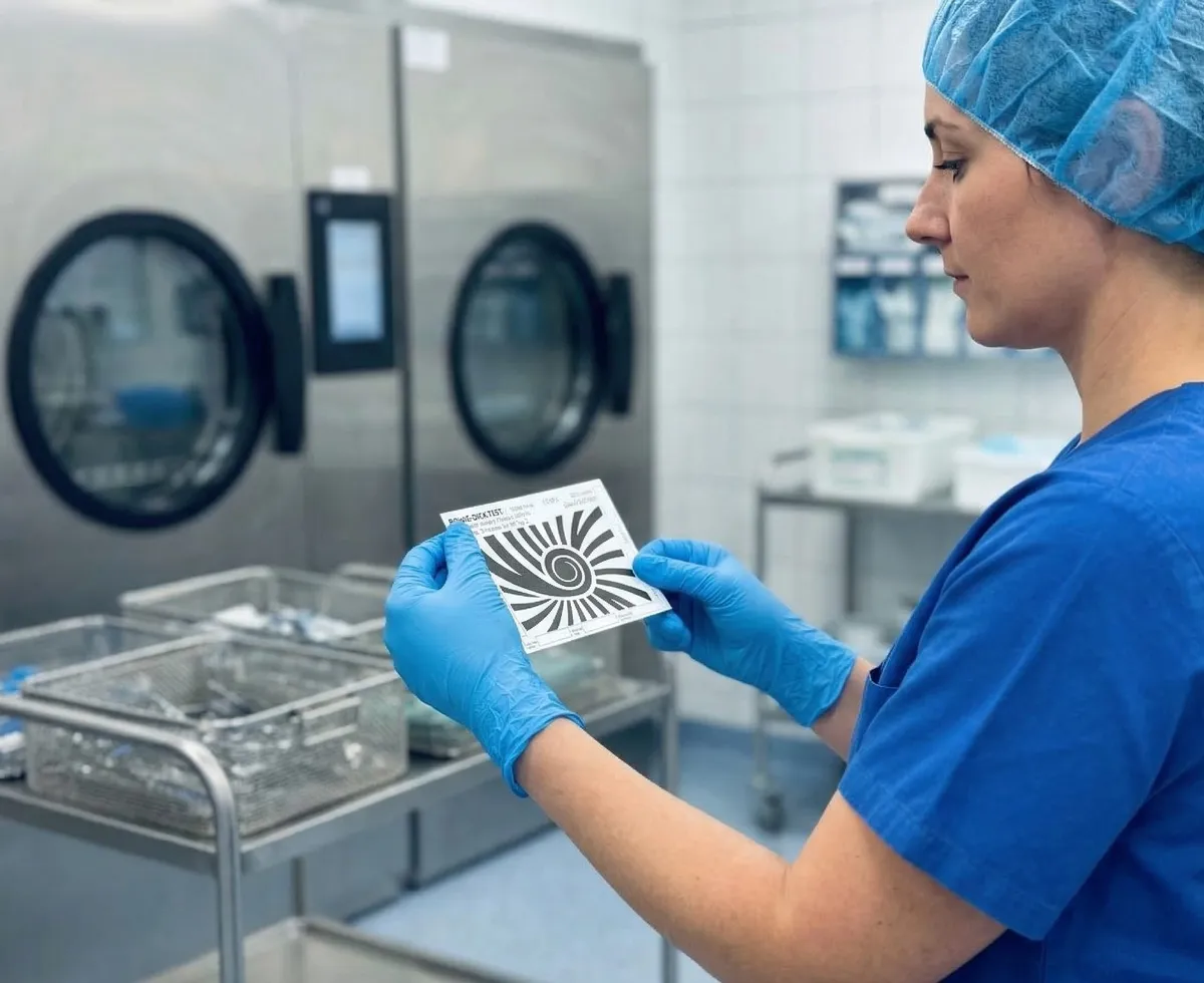 Eine AEMP-Mitarbeiterin hält einen umgeschlagenen Bowie Dick Test Indikator der Triple S GmbH in den Händen und prüft ihn.