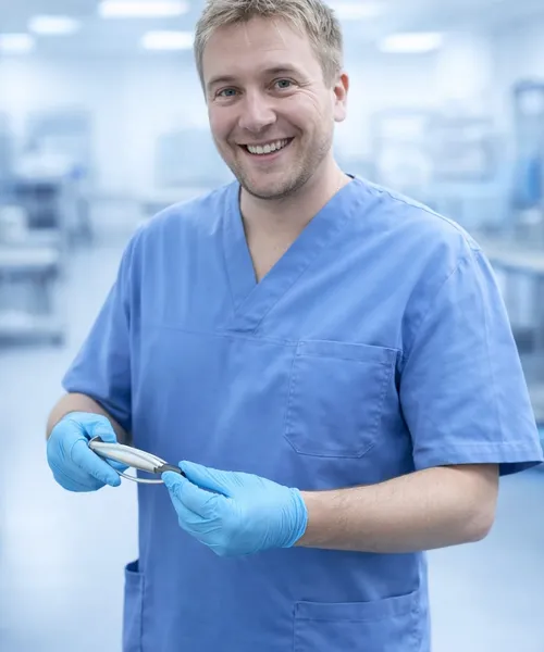 Ein AEMP-Mitarbeiter hält einen SterilControl II Prüfkörper in den Händen und lächelt in die Kamera