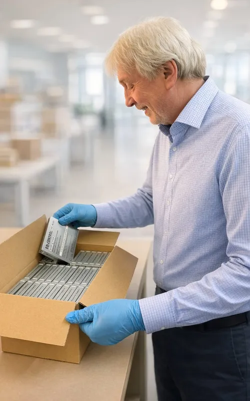 Ein Mitarbeiter der Triple S GmbH entnimmt aus einem Karton ein Produkt und begutachtet es