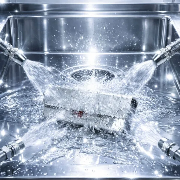 Illustration von Wasserstrahlen, die auf einen Prüfkörper treffen, als Symbol für die Qualitätskontrolle und -sicherung unserer Produkte