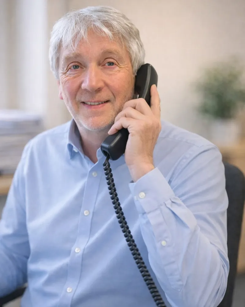 Der Geschäftsführer der Triple S GmbH, Dipl.-Ing. Lothar Scholl, sitzt im Büro und hält einen Telefonhörer an sein Ohr