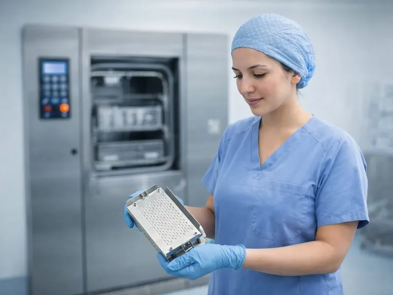 Eine AEMP-Mitarbeiterin steht vor einem Dampfsterilisator und hält einen BD-Control Kit Testpakethalter in den Händen