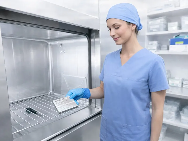 Eine AEMP-Mitarbeiterin platziert ein gebrauchsfertiges BD-Control Testpaket in der leeren Kammer eines Dampfsterilisators