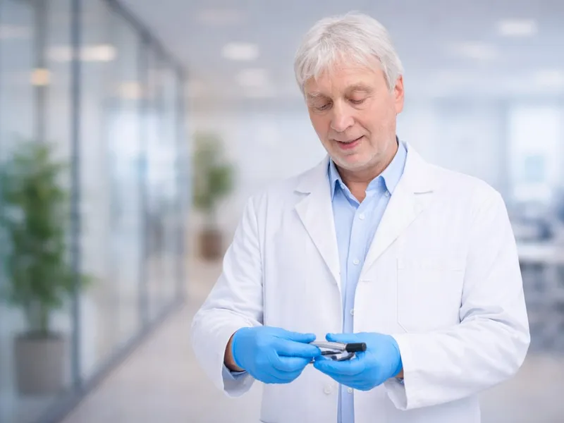 Der Geschäftsführer der Triple S GmbH, Dipl.-Ing. Lothar Scholl, hält einen SterilControl II Prüfkörper in den Händen und begutachtet ihn