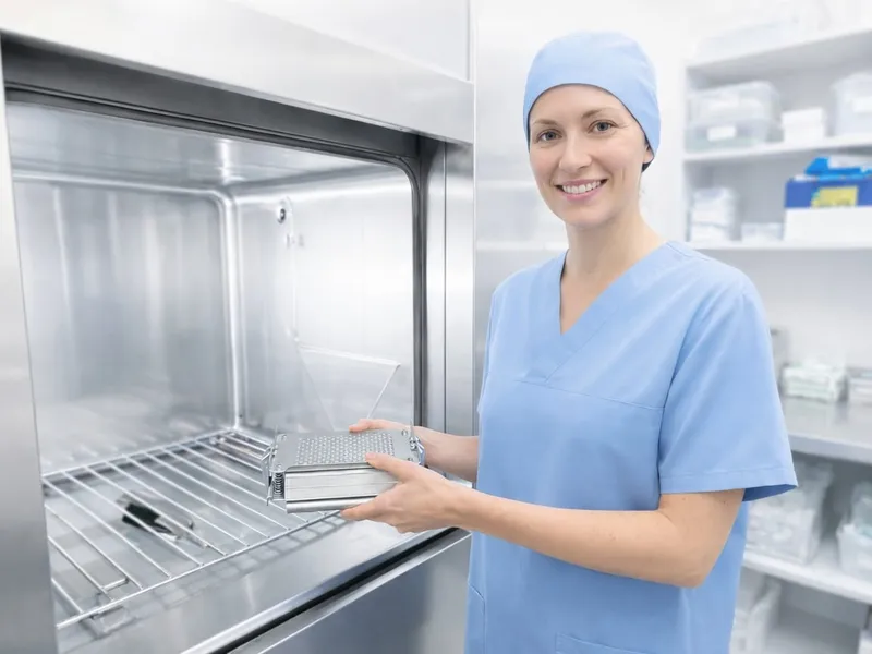 AEMP-Mitarbeiterin steht vor einem geöffneten Sterilisator und hält einen BD-Control Kit Testpakethalter in beiden Händen