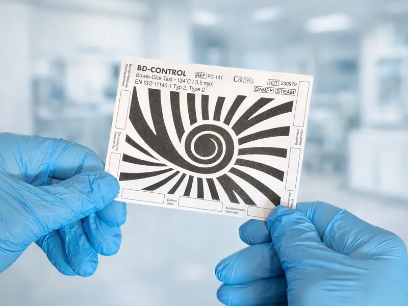 Nahaufnahme eines Bowie Dick Test Indikators der Triple S GmbH, der vollständig auf schwarz umgeschlagen ist