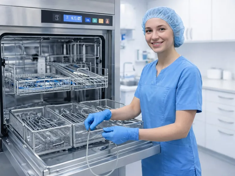 Eine AEMP-Mitarbeiterin platziert den WASHchecks.de E Prüfkörper in einem Reinigungs- und Desinfektionsgerät für Endoskope (RDG-E)