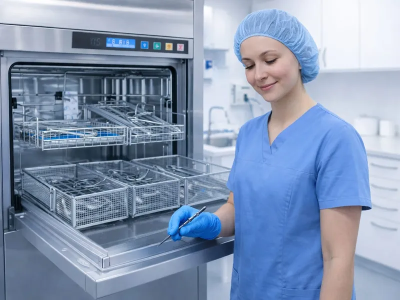 Eine AEMP-Mitarbeiterin platziert den WASHchecks.de H Prüfkörper in einem Reinigungs- und Desinfektionsgerät (RDG) im Bereich der Hohlkörper-Instrumente