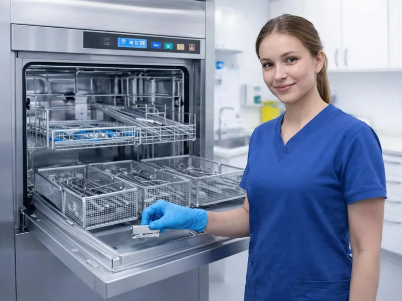 Eine AEMP-Mitarbeiterin platziert den WASHchecks.de Reinigungsindikator in einem Reinigungs- und Desinfektionsgerät (RDG) im Bereich der Oberflächen und Siebe