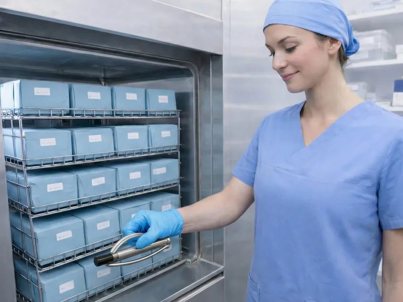 Eine AEMP-Mitarbeiterin platziert den SterilControl II Prüfkörper in einem beladenen Dampfsterilisator