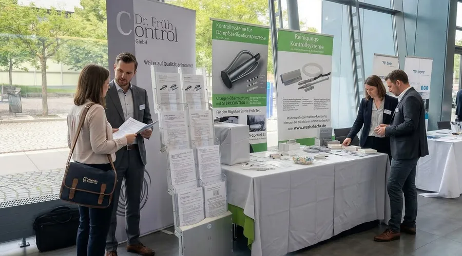Vier Personen stehen vor dem Messestand der Triple S GmbH und unterhalten sich