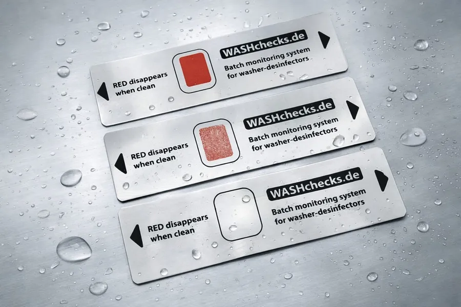 Drei WASHchecks.de Indikatoren nebeneinander in den Zuständen neu, mit Rückständen nach Reinigung, vollständig gereinigt