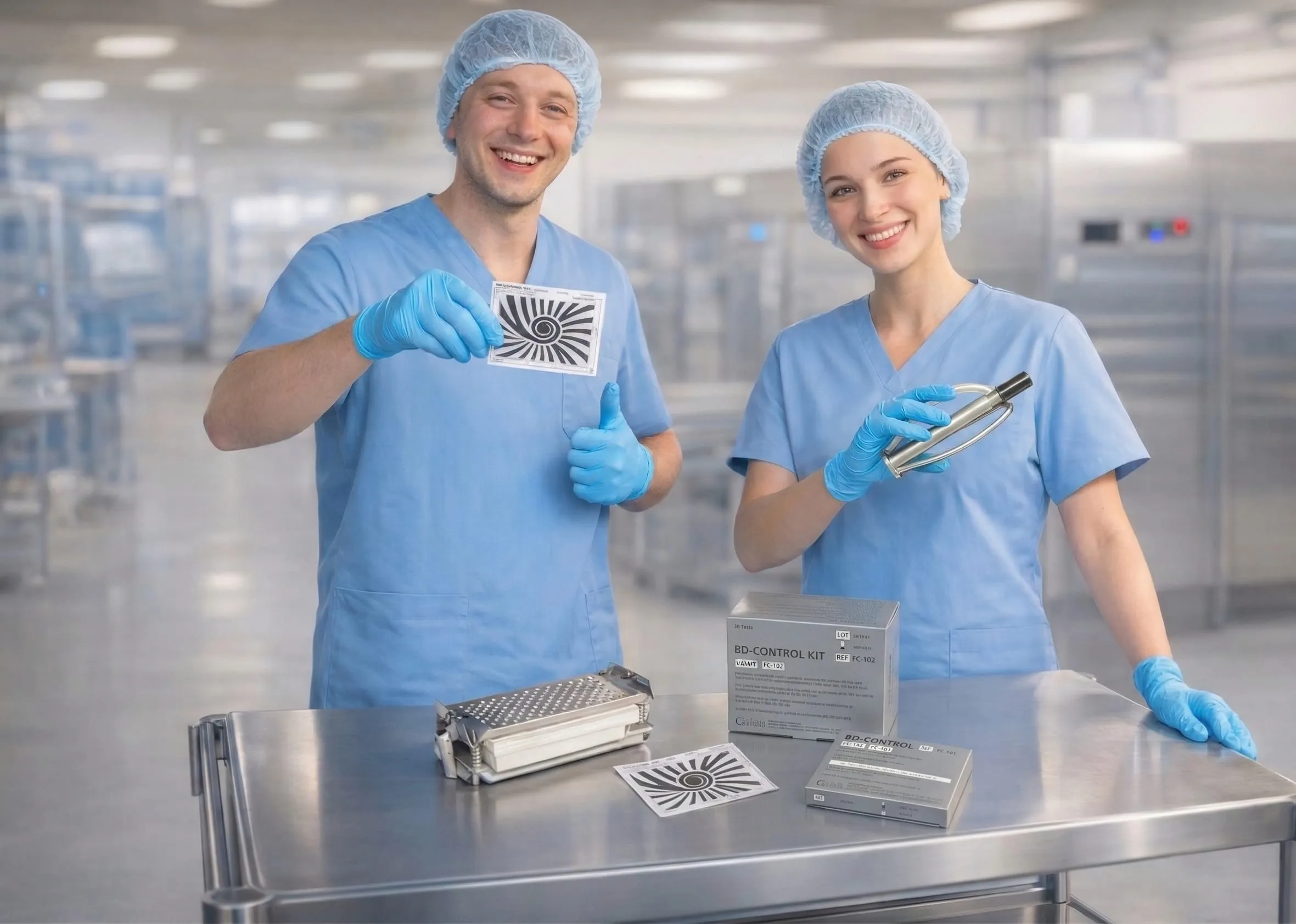 Ein Mann und eine Frau in AEMP-Kleidung stehen vor einem Edelstahlwagen mit Produkten der Triple S GmbH. Der Mann hält einen umgeschlagenen Farbindikator in die Kamera, die Frau präsentiert einen SterilControl II Prüfkörper.