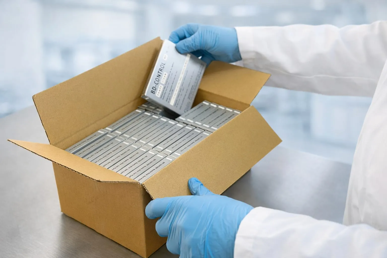 Nahaufnahme eines Kartons mit 30 BD-Control Bowie Dick Tests, von denen einer von einer Hand hervorgehoben wird