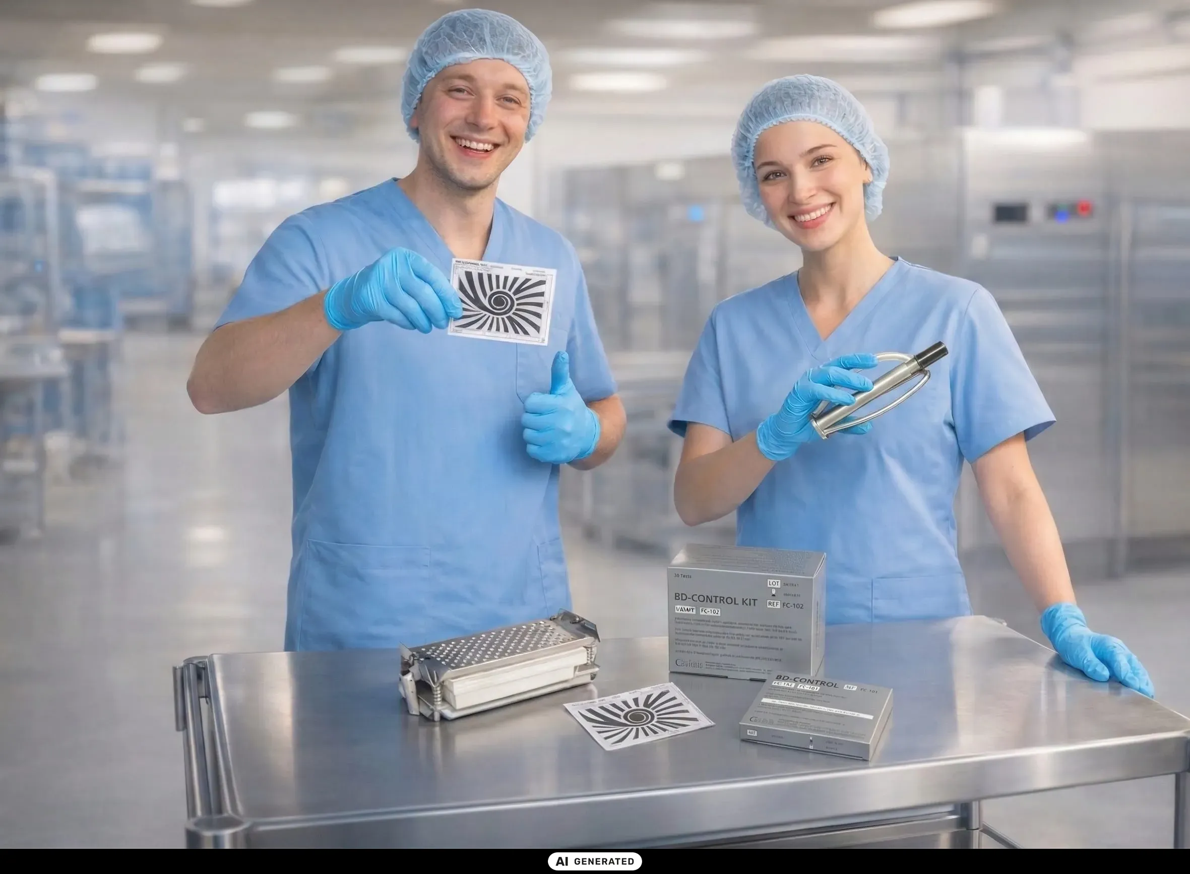 Ein Mann und eine Frau in AEMP-Kleidung stehen vor einem Edelstahlwagen mit Produkten der Triple S GmbH. Der Mann hält einen umgeschlagenen Farbindikator in die Kamera, die Frau präsentiert einen SterilControl II Prüfkörper.