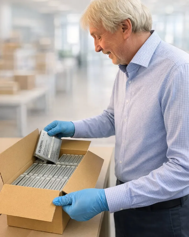 Ein Mitarbeiter der Triple S GmbH entnimmt aus einem Karton ein Produkt und begutachtet es