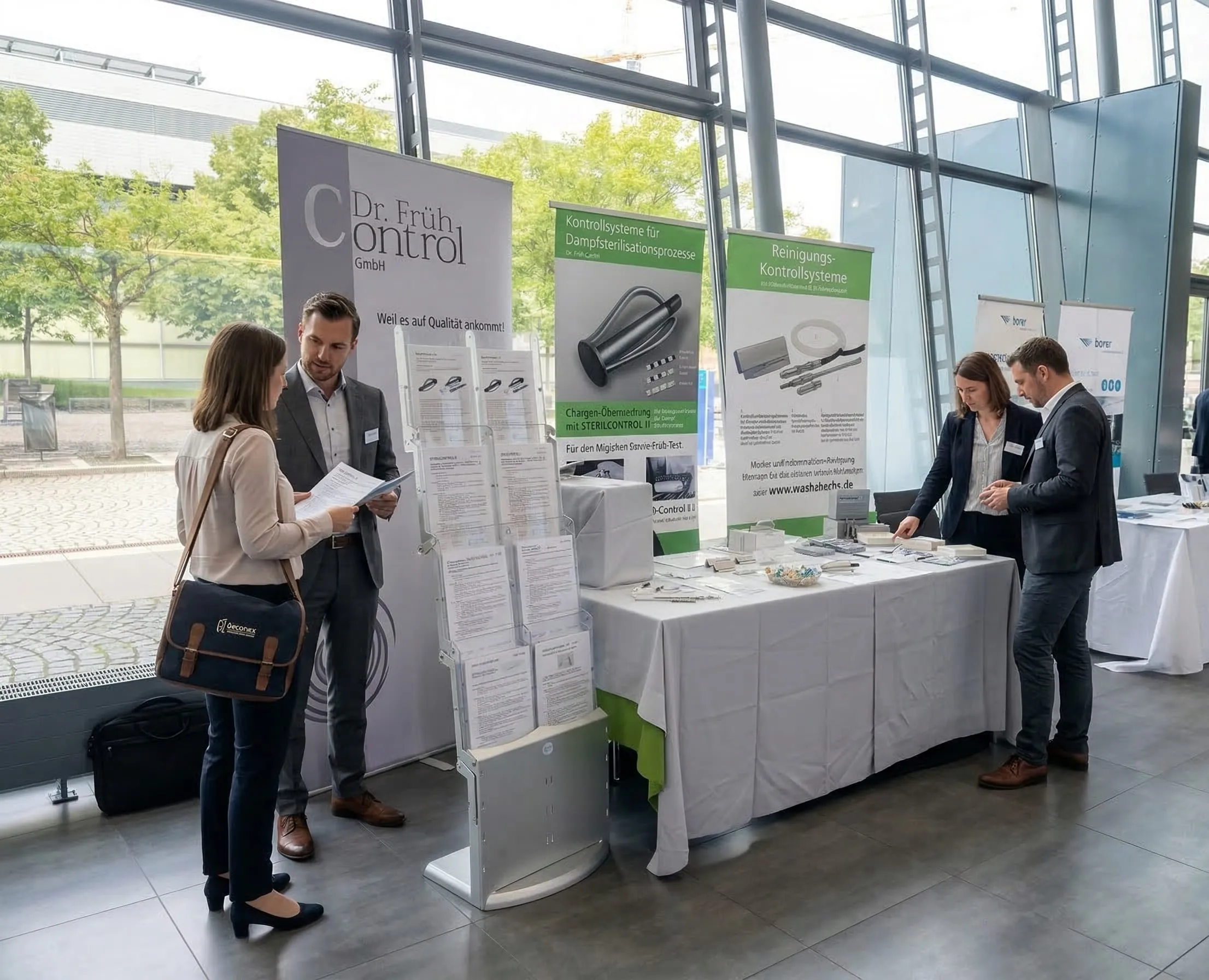 Vier Personen stehen vor dem Messestand der Triple S GmbH und unterhalten sich